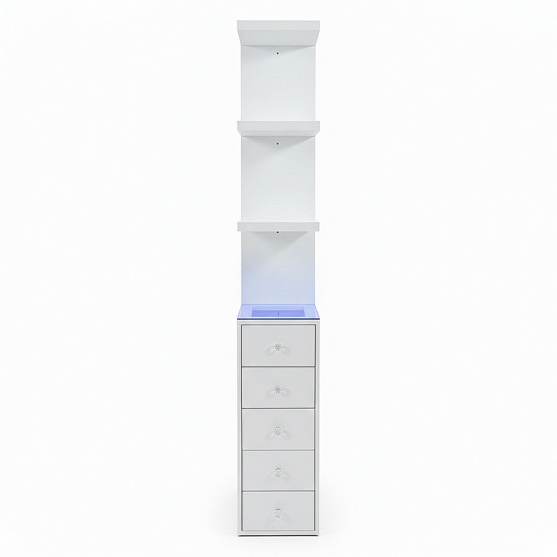 Tall white cabinet with three open shelves and five drawers on white background
