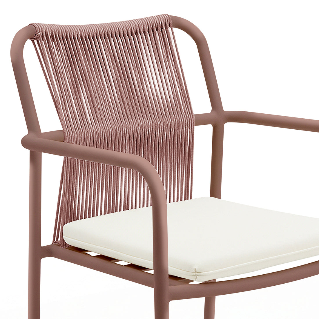 Evone 4 Seater Stone Outdoor Dining Table Set features a sleek stone tabletop, robust aluminium frame, and four armchairs with tubular metal frames and woven rope backs, perfect for alfresco dining.