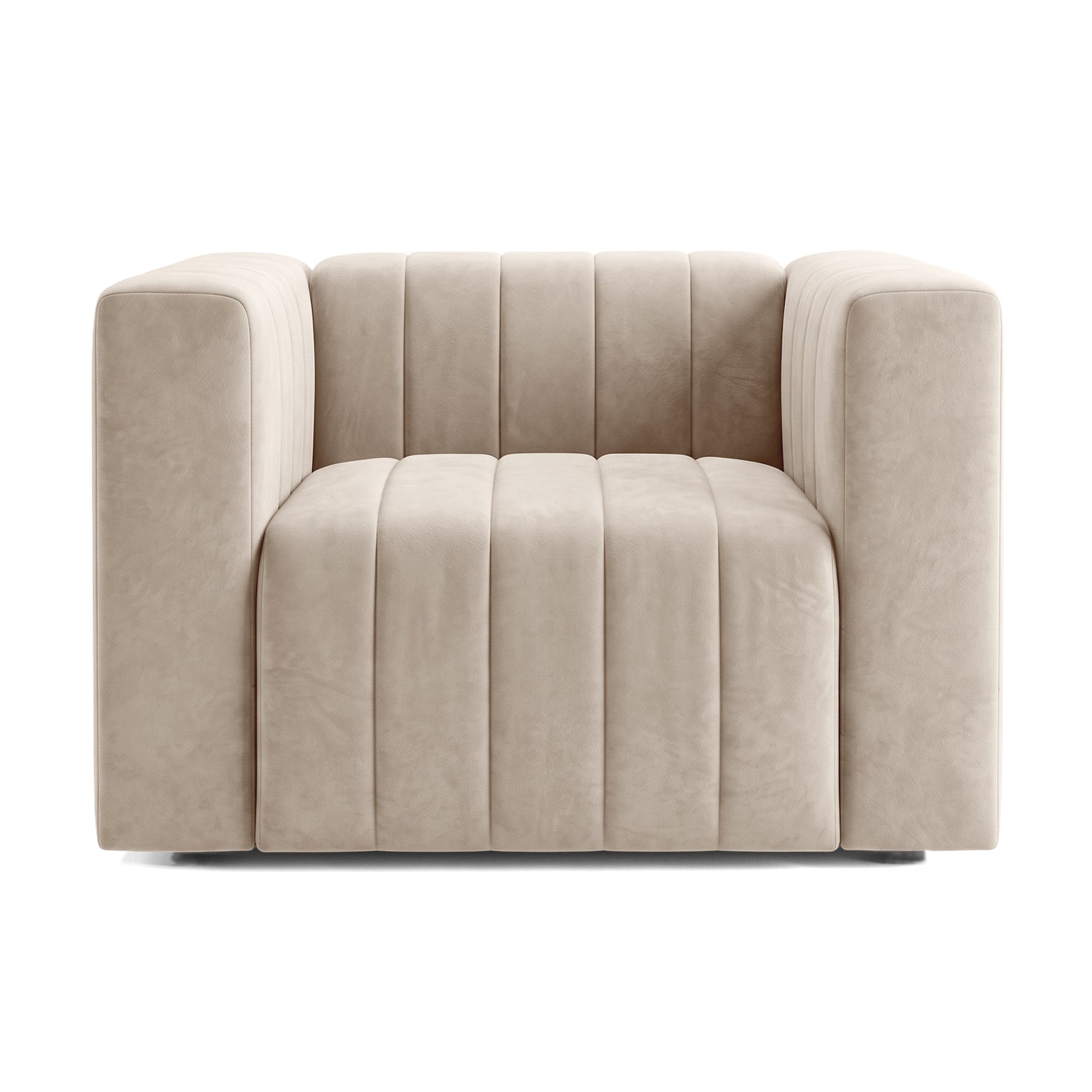 Front view of a beige modern armchair on a white background