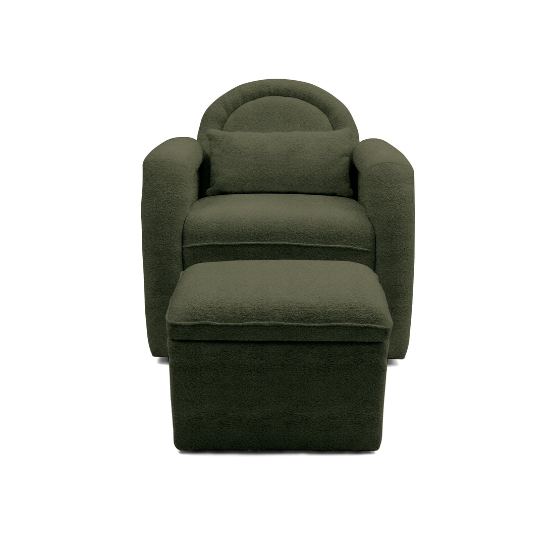 Olive green armchair and ottoman on white background