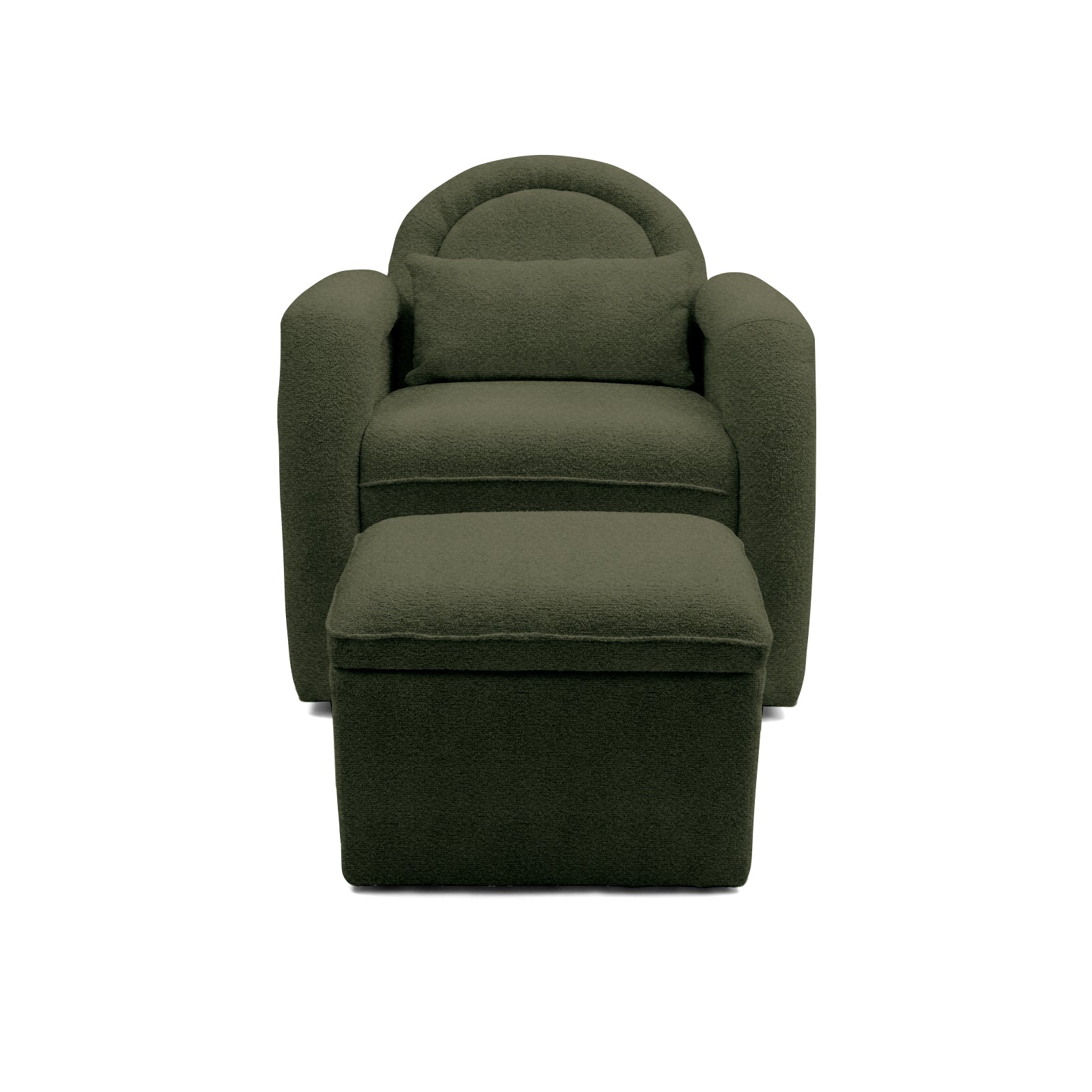 Olive green armchair and ottoman on white background
