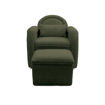 Olive green armchair and ottoman on white background