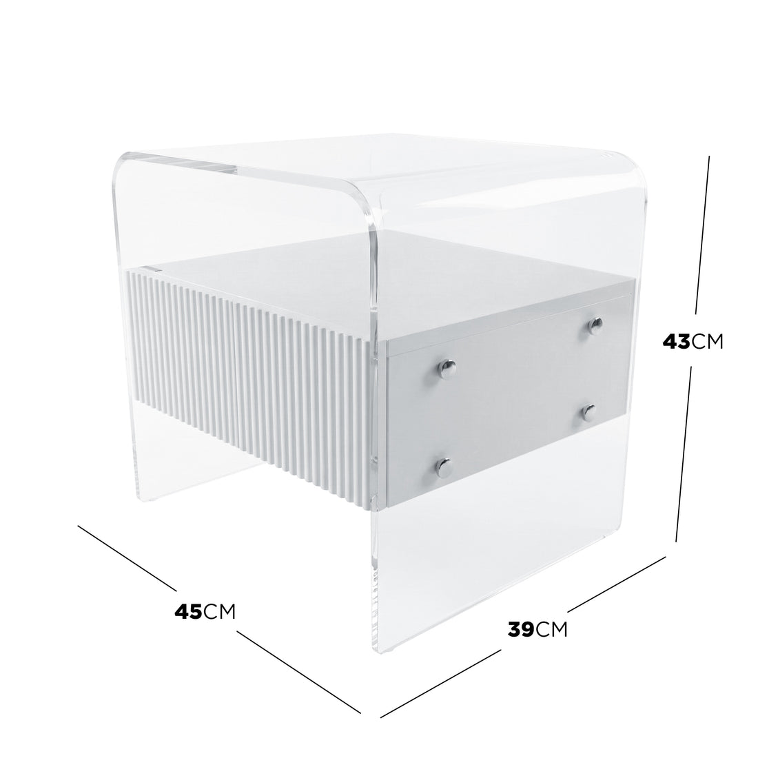 white acrylic nightstand with dimension lines and measurements