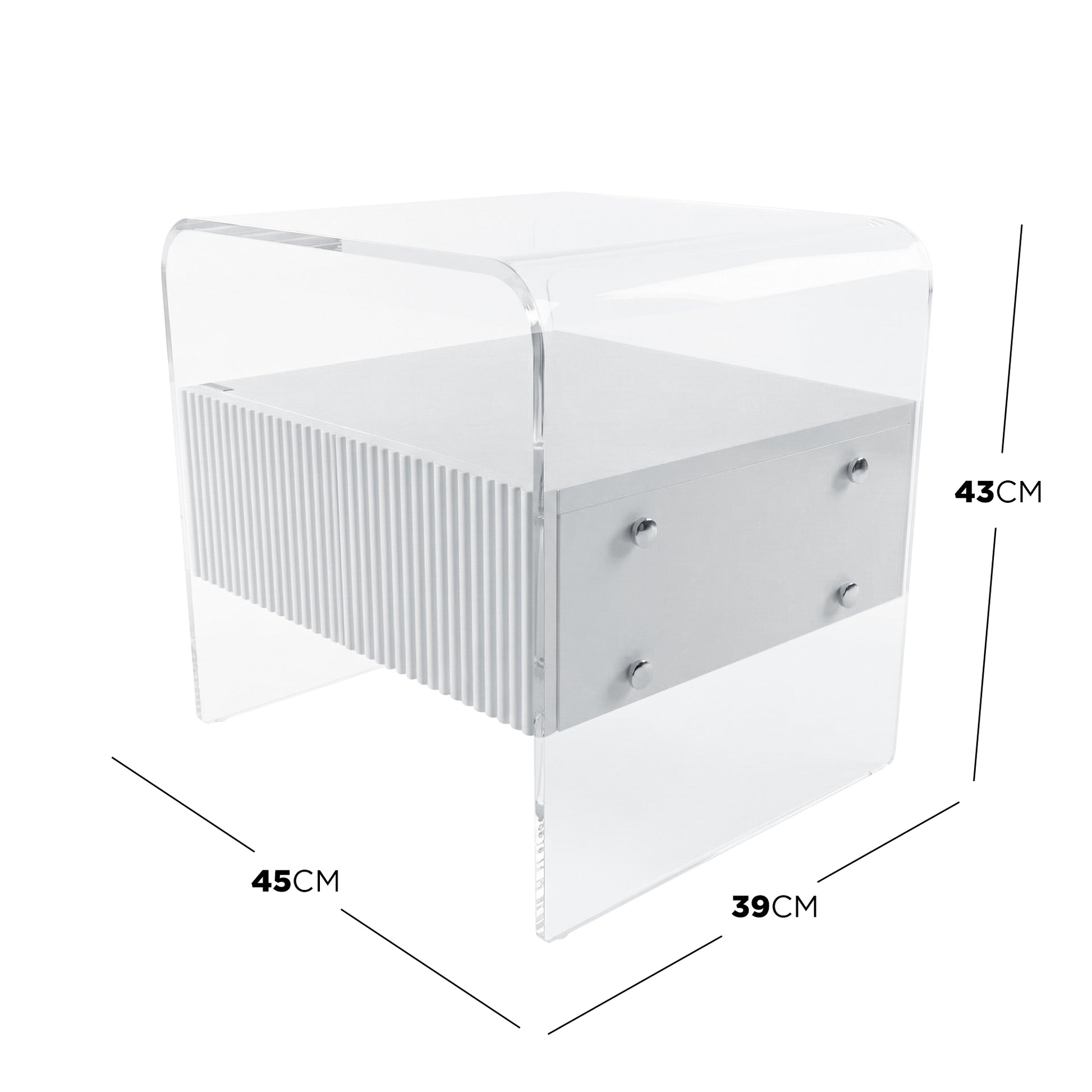 white acrylic nightstand with dimension lines and measurements