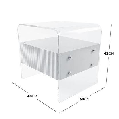white acrylic nightstand with dimension lines and measurements