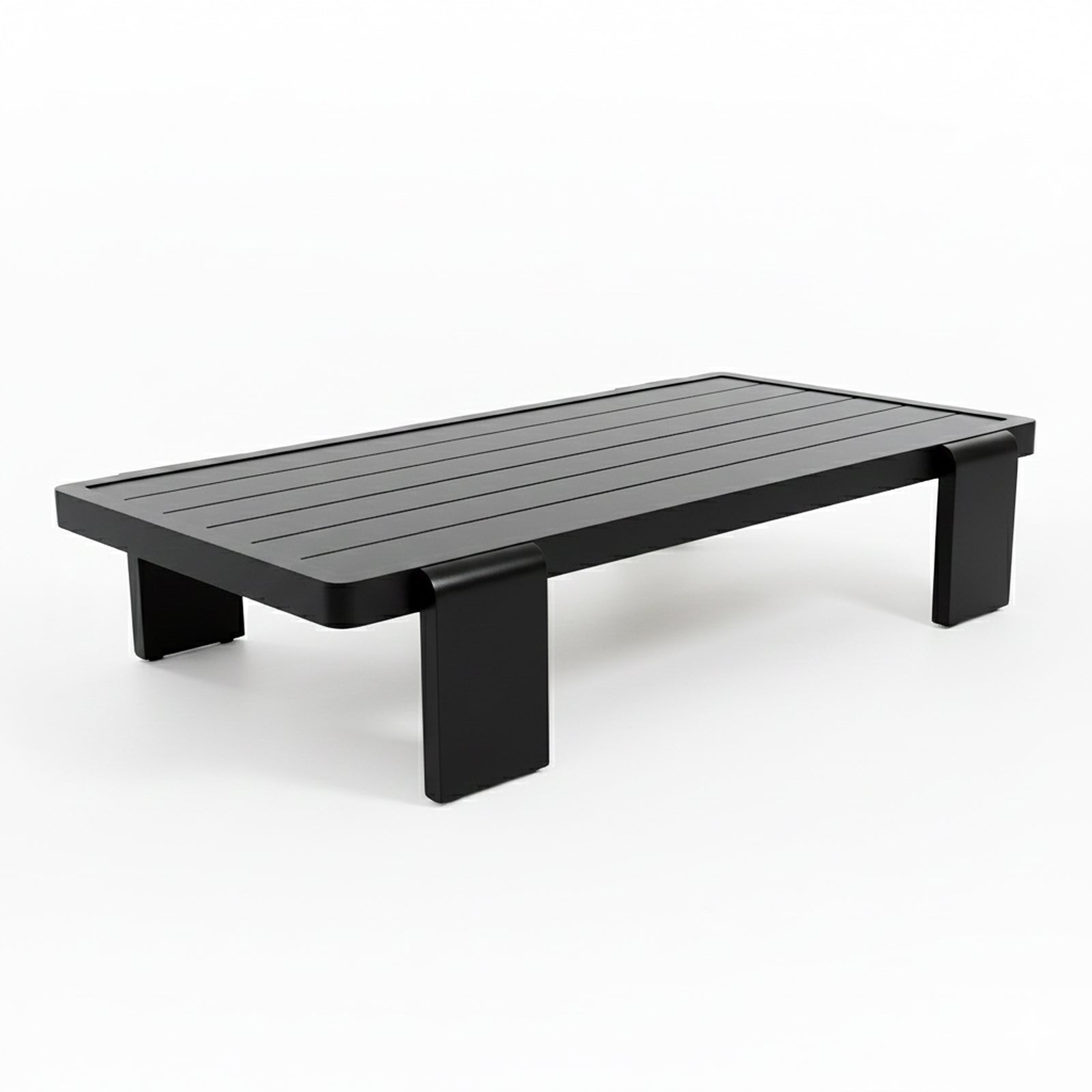 Modica 5 Seater Aluminium Outdoor Sofa Set in Black & Grey, featuring a sleek aluminium frame with plush cushions, and a matching low coffee table, creating a modern, inviting outdoor lounge setup.
