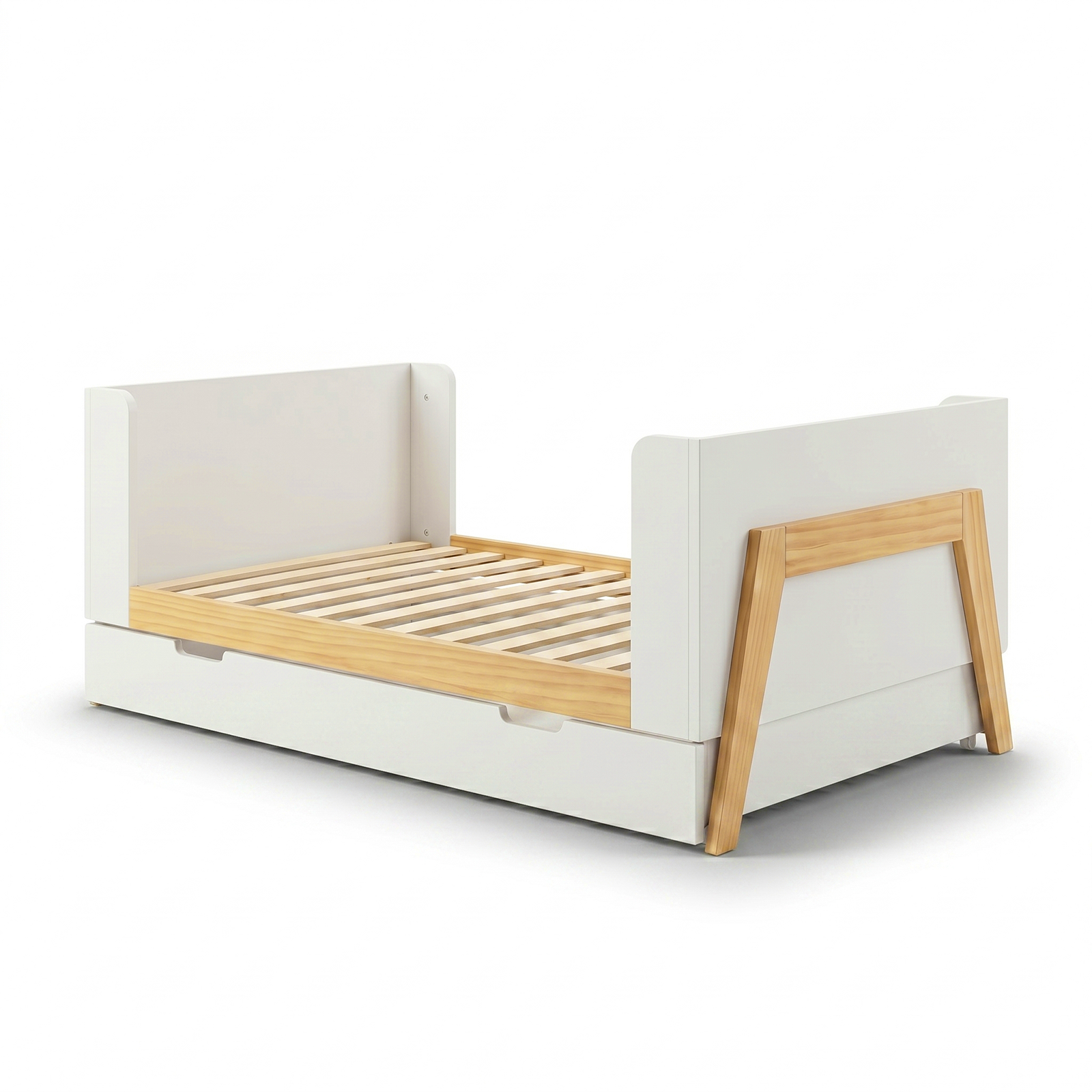 Toddler bed with white panels and wood accents on white background