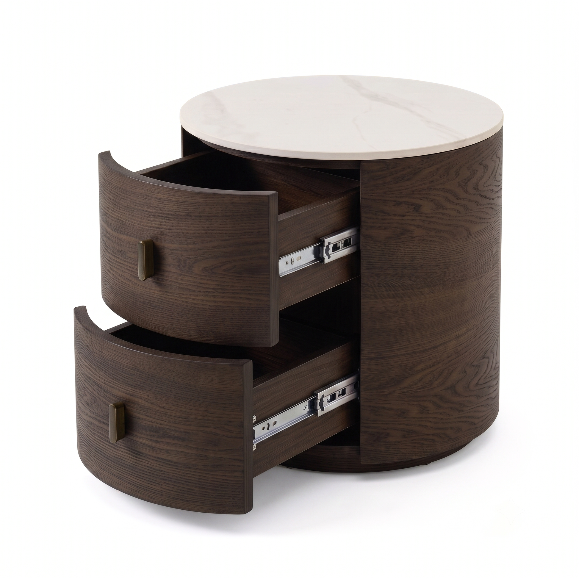 Round wooden side table with white top and open drawers on a white background.