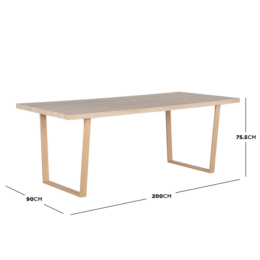 Oregon Dining Table with 8 Florida Chairs Set features a light-wood top, 200cm long, 90cm deep, and 75.5cm high, with inverted-U metal legs, offering modern, spacious dining.