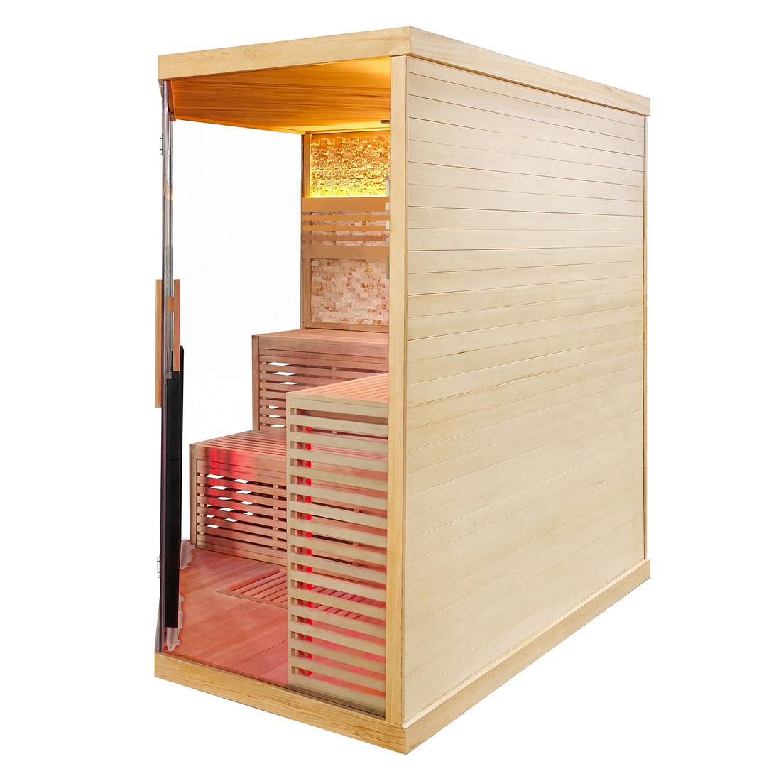 Rectangular sauna cabin with light wood panels and tiered benches on a white background.