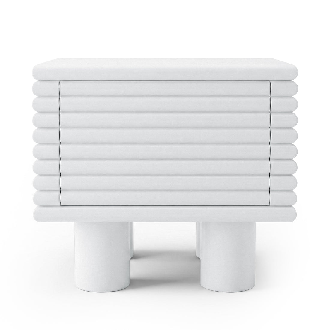 White minimalist side table with slatted front on white background
