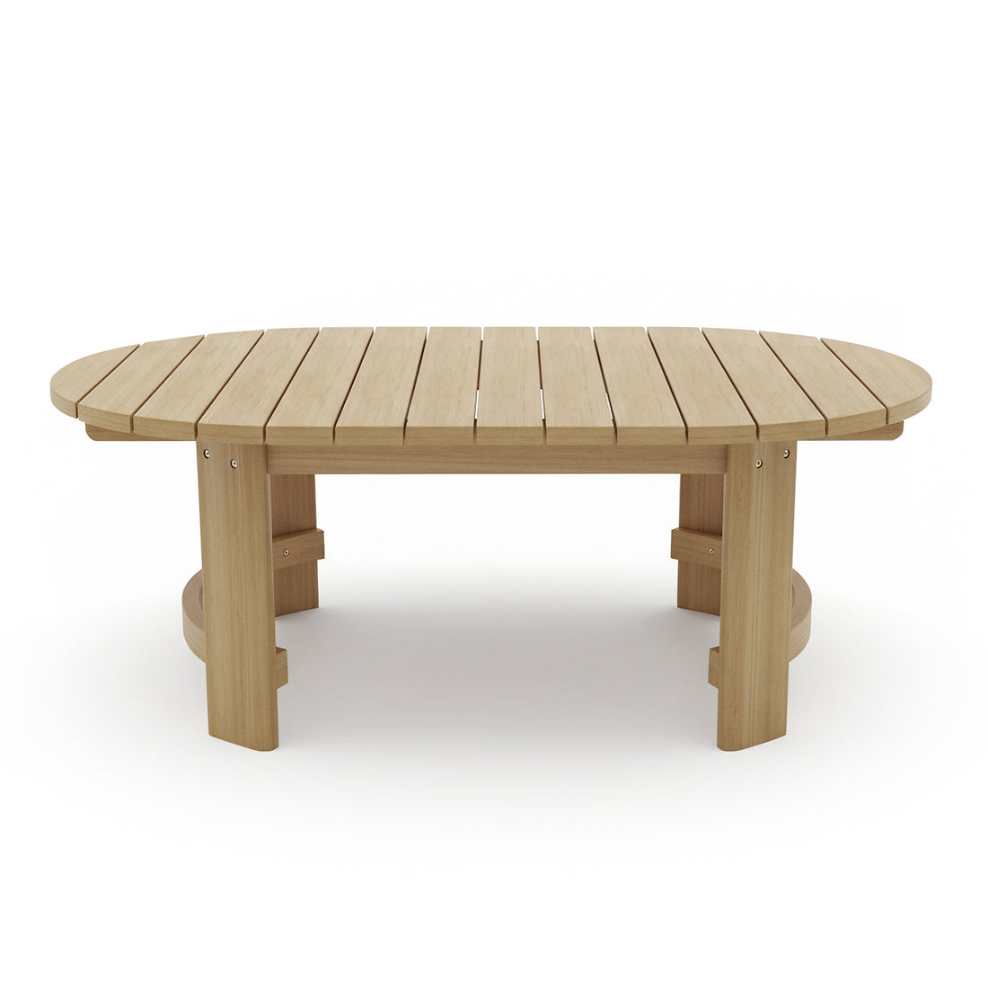 Delva 4 Seater Hardwood Acacia Outdoor Sofa Set in Cream features a low, slatted wooden table with an oval top, supported by chunky legs with curved braces underneath, enhancing outdoor lounging.