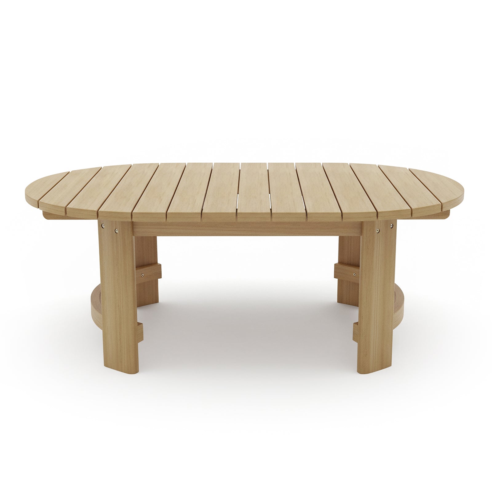 Delva 4 Seater Hardwood Acacia Outdoor Sofa Set in Cream features a low, slatted wooden table with an oval top, supported by chunky legs with curved braces underneath, enhancing outdoor lounging.