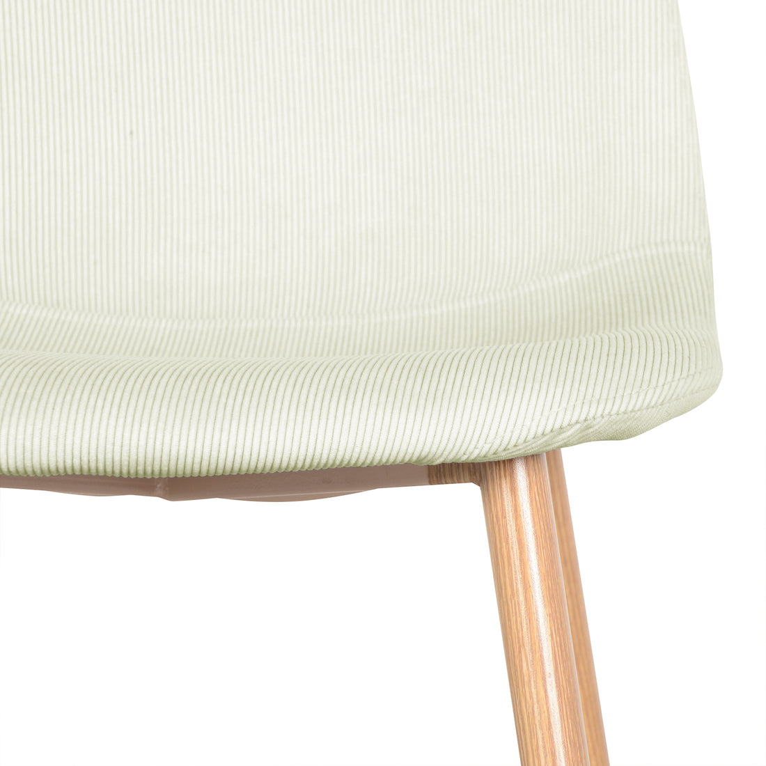 Close-up of the Oregon Dining Table with 8 Florida Chairs Set in Sand, featuring a finely ribbed, light-colored corduroy upholstered chair and round wooden leg, highlighting the set's elegant, comfortable design.