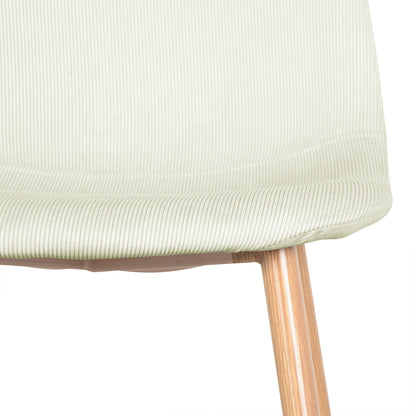 Close-up of the Oregon Dining Table with 8 Florida Chairs Set in Sand, featuring a finely ribbed, light-colored corduroy upholstered chair and round wooden leg, highlighting the set's elegant, comfortable design.