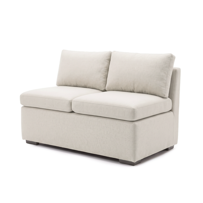 Compact cream textured two-seat sofa on white background