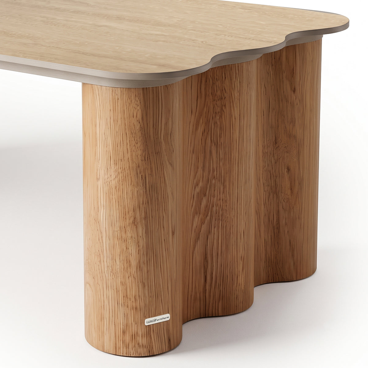 Close-up of wooden table edge and legs on white background