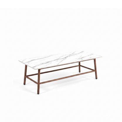 Rectangular coffee table with white marble-effect top and wooden legs on white background