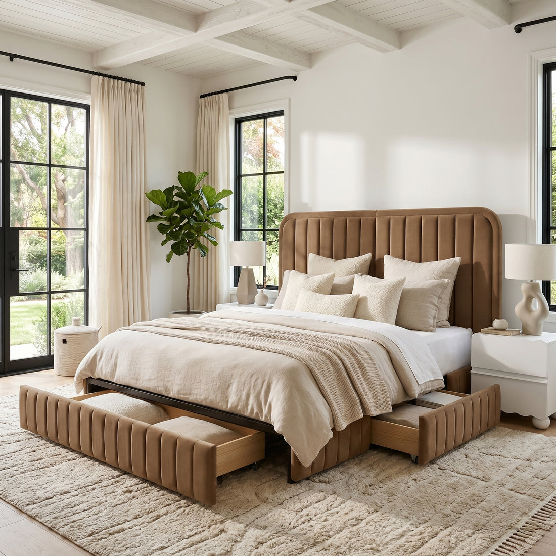 Lifestyle shot of upholstered bed with under-bed storage drawers in a bright bedroom
