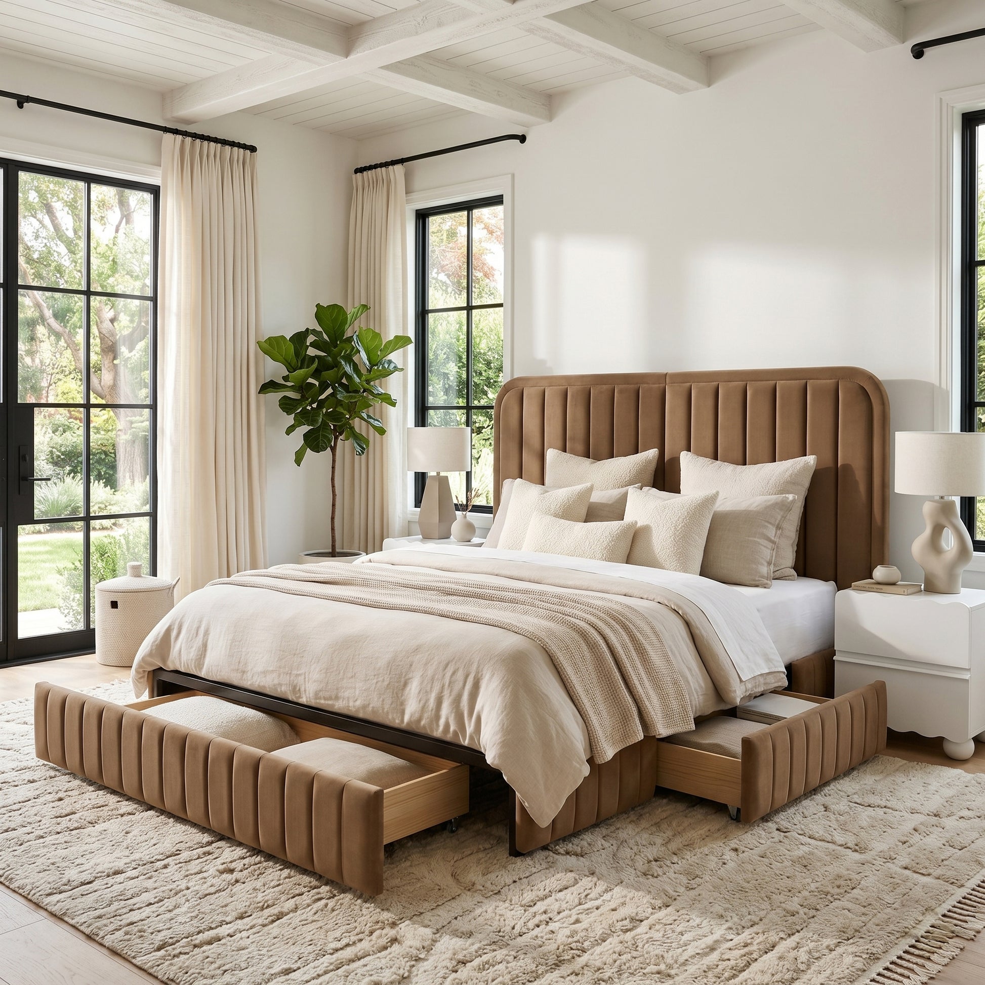 Lifestyle shot of upholstered bed with under-bed storage drawers in a bright bedroom