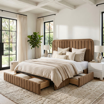 Lifestyle shot of upholstered bed with under-bed storage drawers in a bright bedroom
