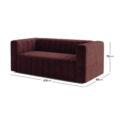 Dark Merlot sofa on white background with labeled dimensions
