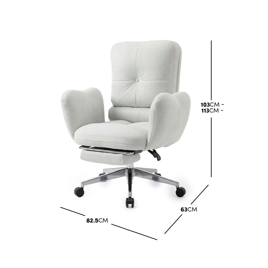 Light upholstered office chair on white background with dimensions labeled 103cm to 113cm height, 63cm depth, and 82.5cm width