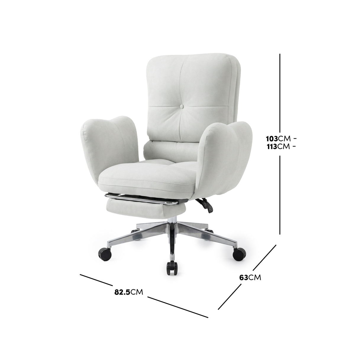Light upholstered office chair on white background with dimensions labeled 103cm to 113cm height, 63cm depth, and 82.5cm width