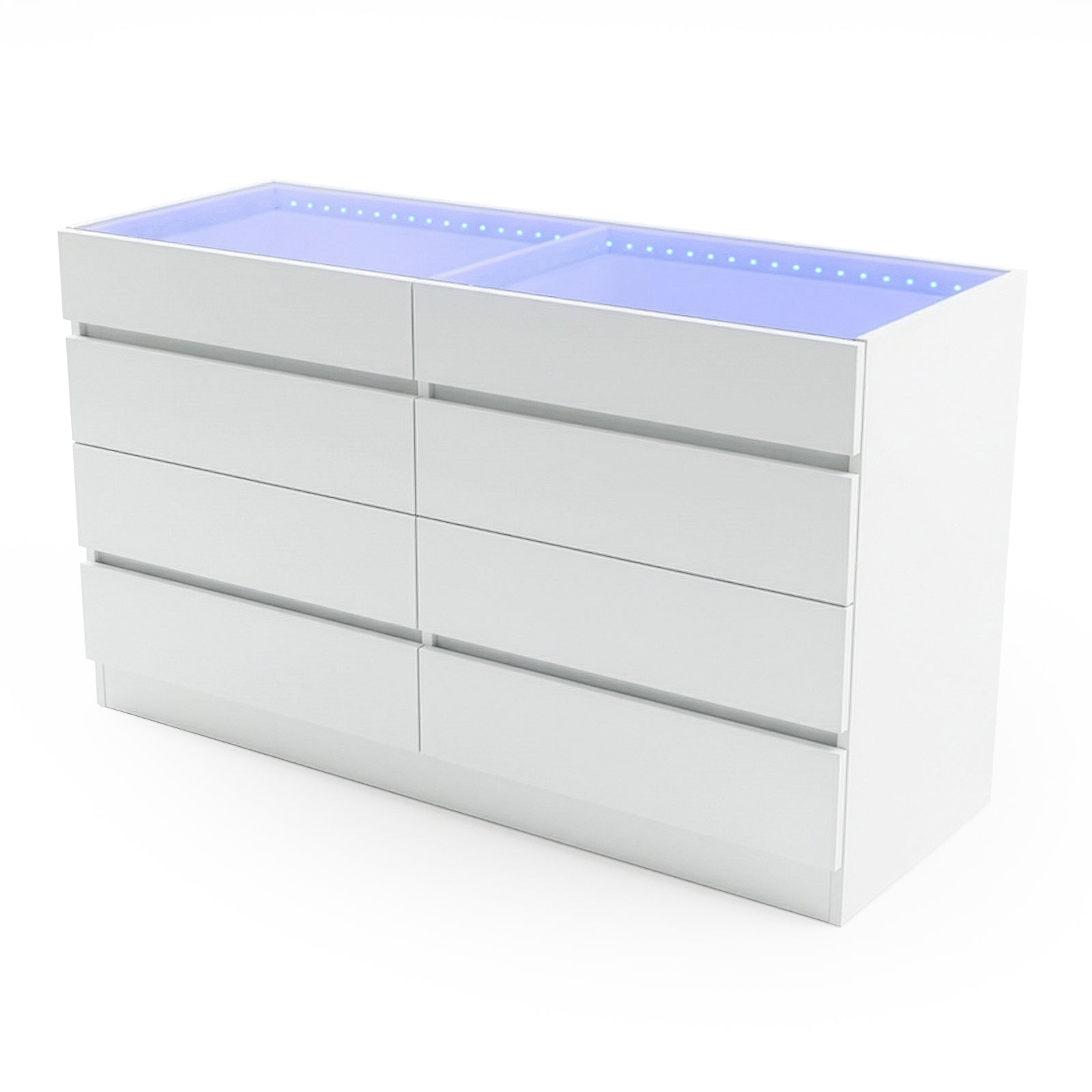 Modern white dresser with eight drawers and blue-tinted top trays on white background
