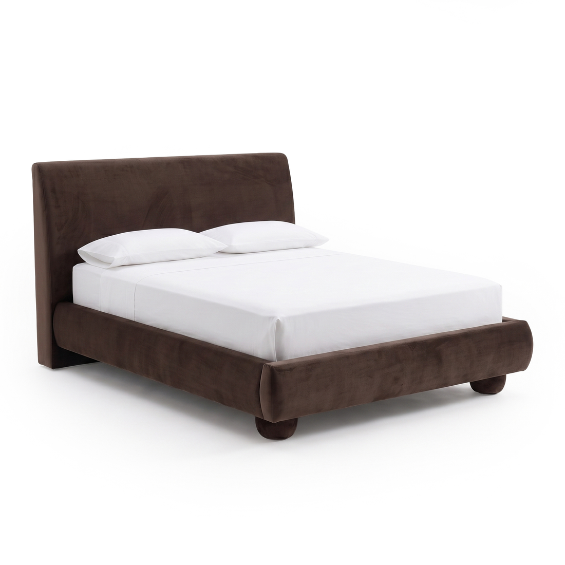 Modern brown upholstered bed shown full length on a white background