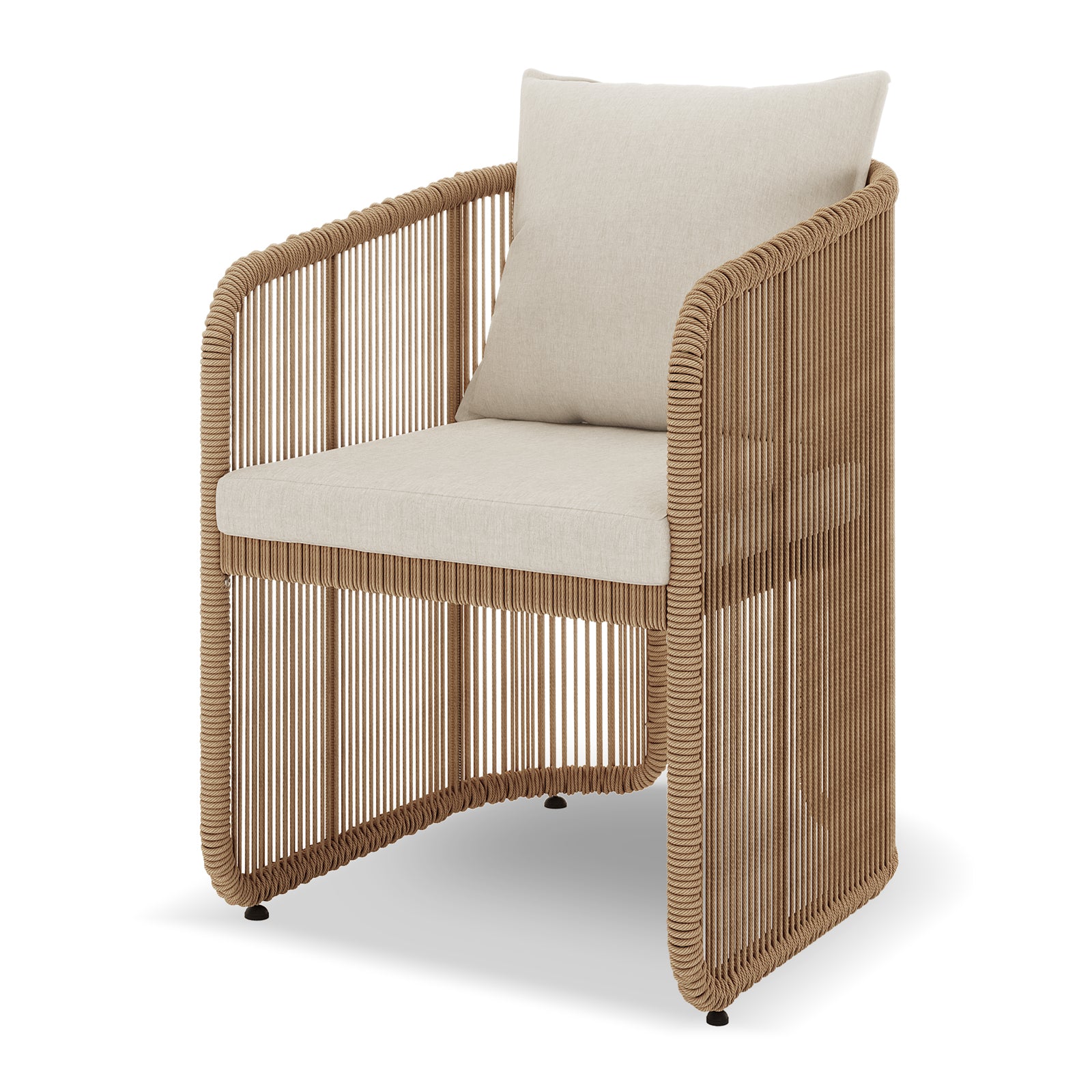 Vellora 4 Seater Wicker Outdoor Dining Set in Natural features a modern armchair with a woven-rope frame, light beige cushions, and a sleek metal structure, perfect for stylish indoor or patio seating.