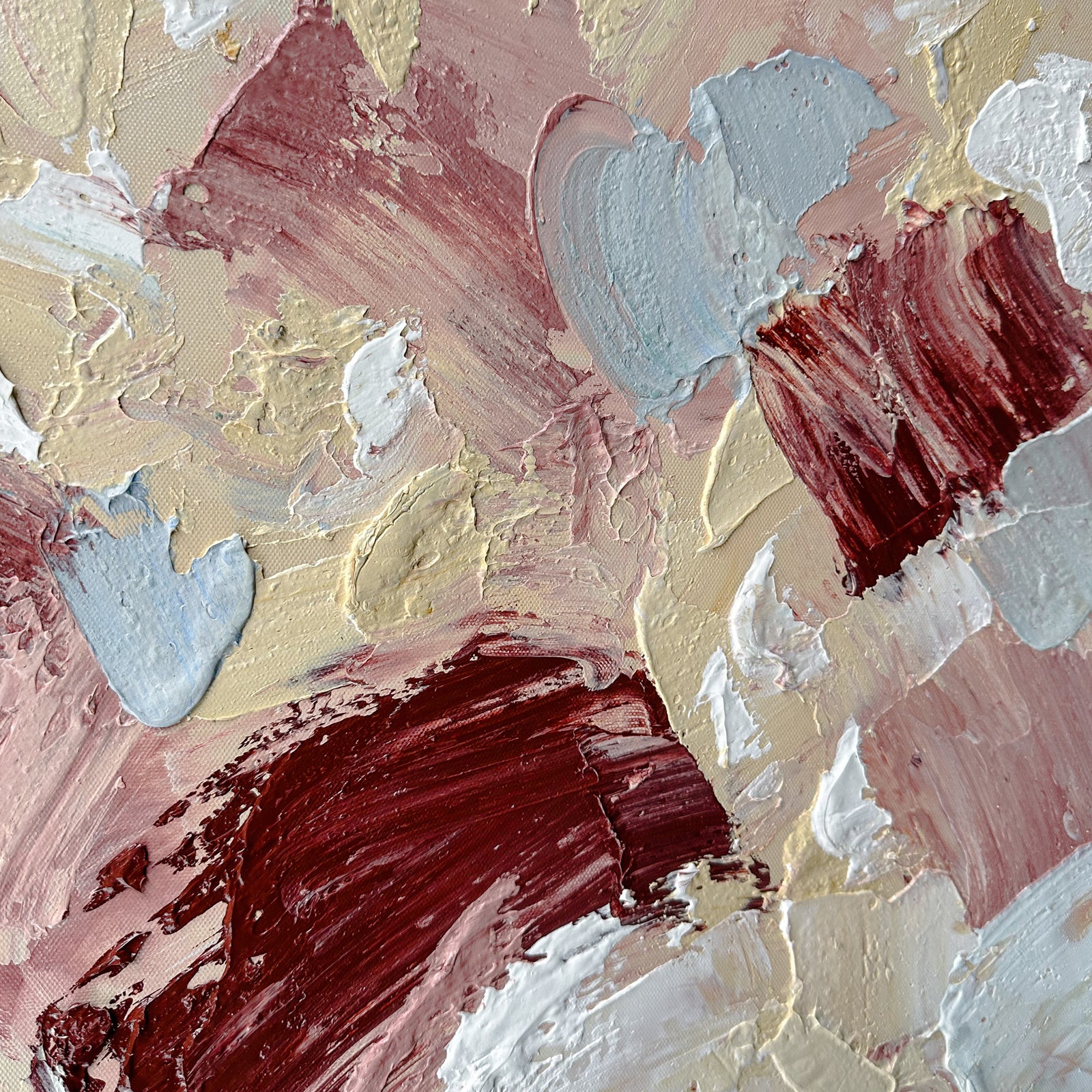 Bloom Framed Canvas Wall Art 105 x 105cm in White features textured abstract artwork with thick impasto layers, muted tones, and deep burgundy strokes, framed in minimalist white for a modern touch.