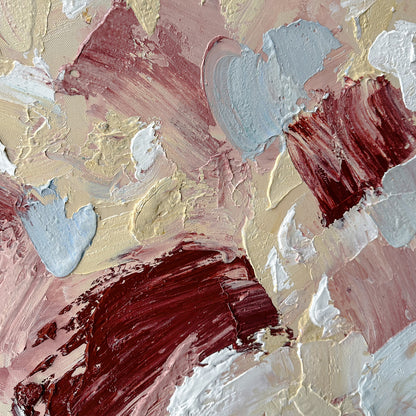 Bloom Framed Canvas Wall Art 105 x 105cm in White features textured abstract artwork with thick impasto layers, muted tones, and deep burgundy strokes, framed in minimalist white for a modern touch.