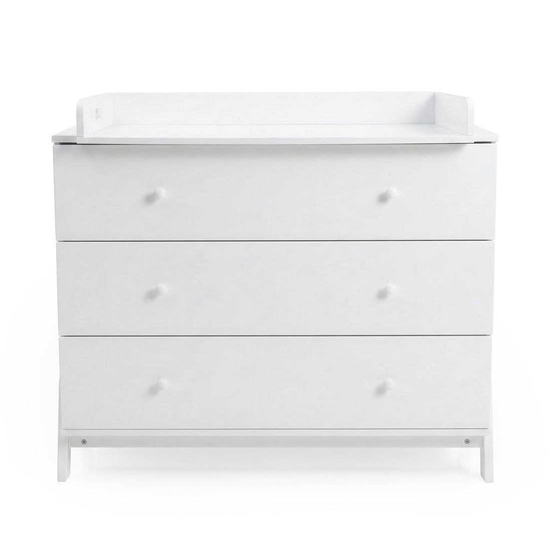 White three-drawer dresser with changing tray against white background