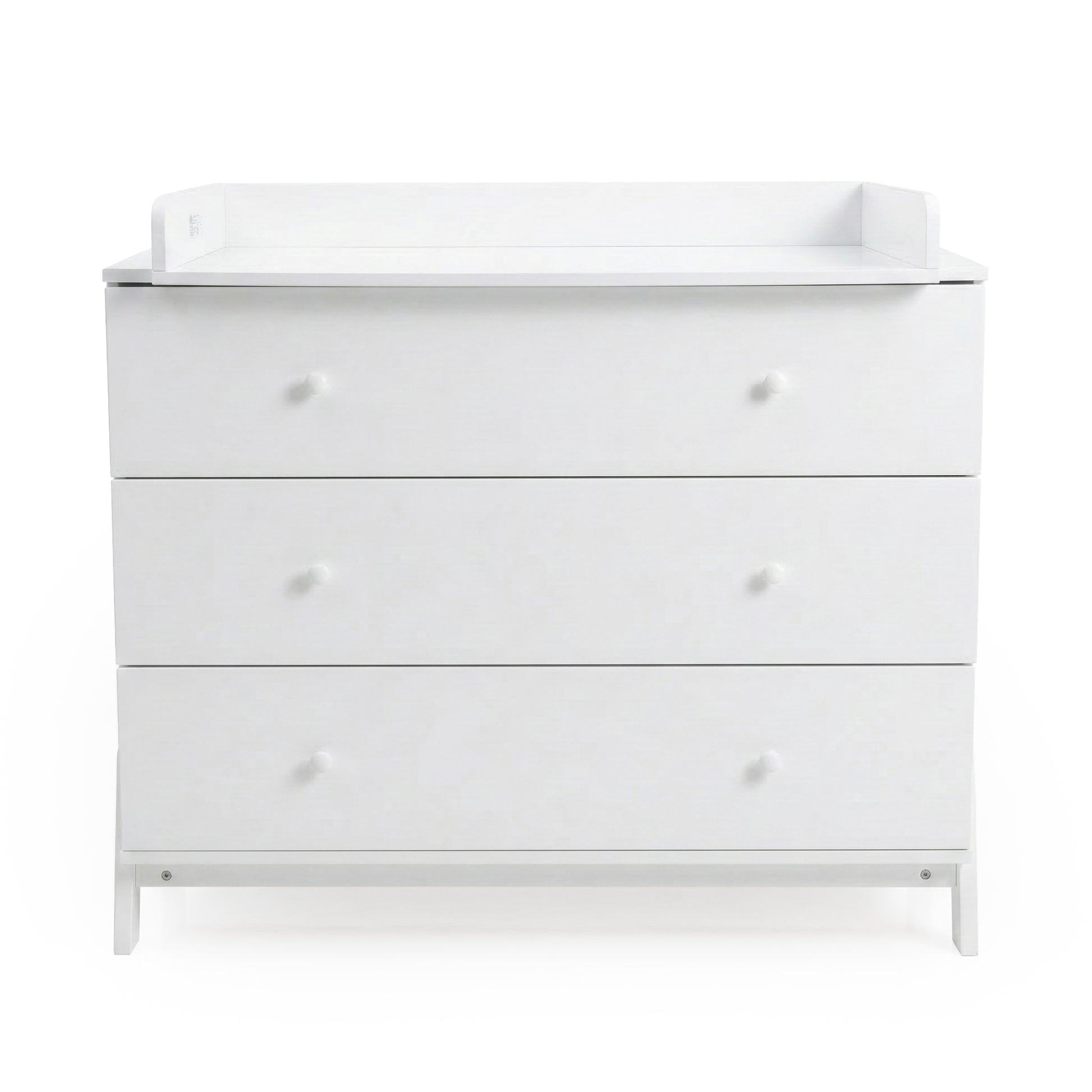 White three-drawer dresser with changing tray against white background