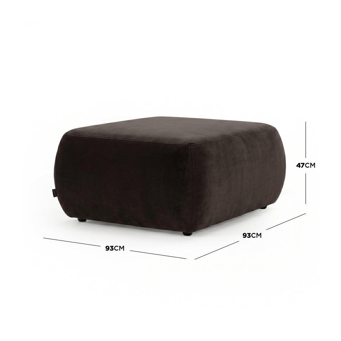 Dark brown square ottoman with dimensions on white background