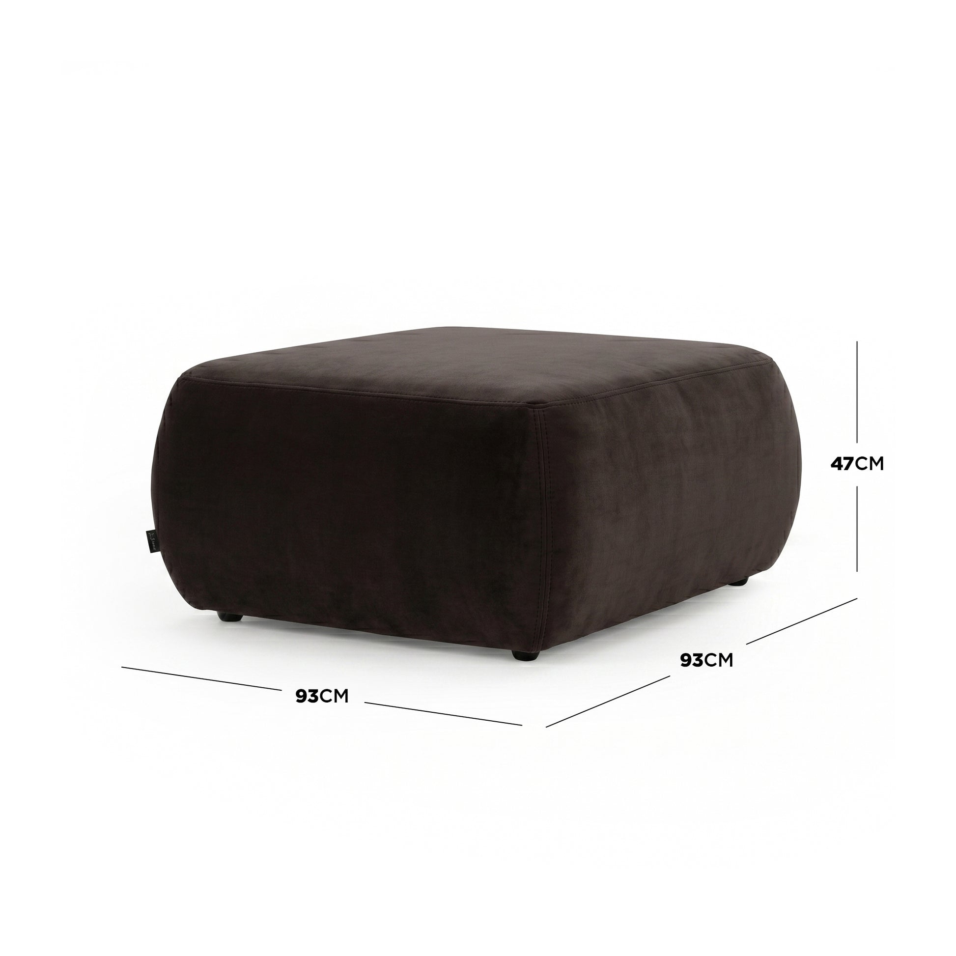 Dark brown square ottoman with dimensions on white background