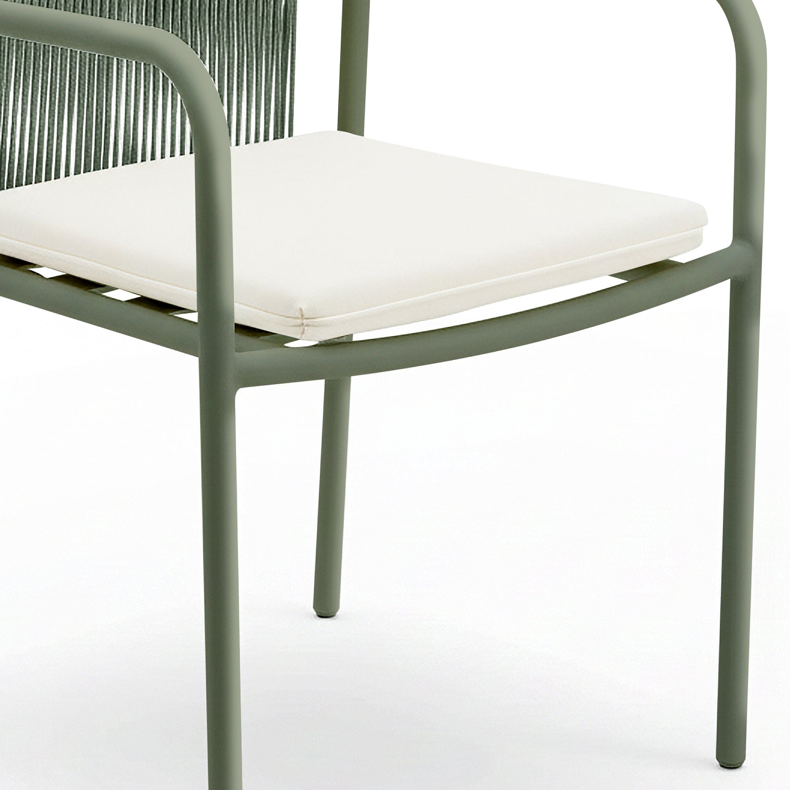 Evone 4 Seater Stone Outdoor Dining Table Set in Green, featuring a sleek stone tabletop and slender olive-green metal frame with woven backrest chairs and removable white cushions, perfect for outdoor dining.