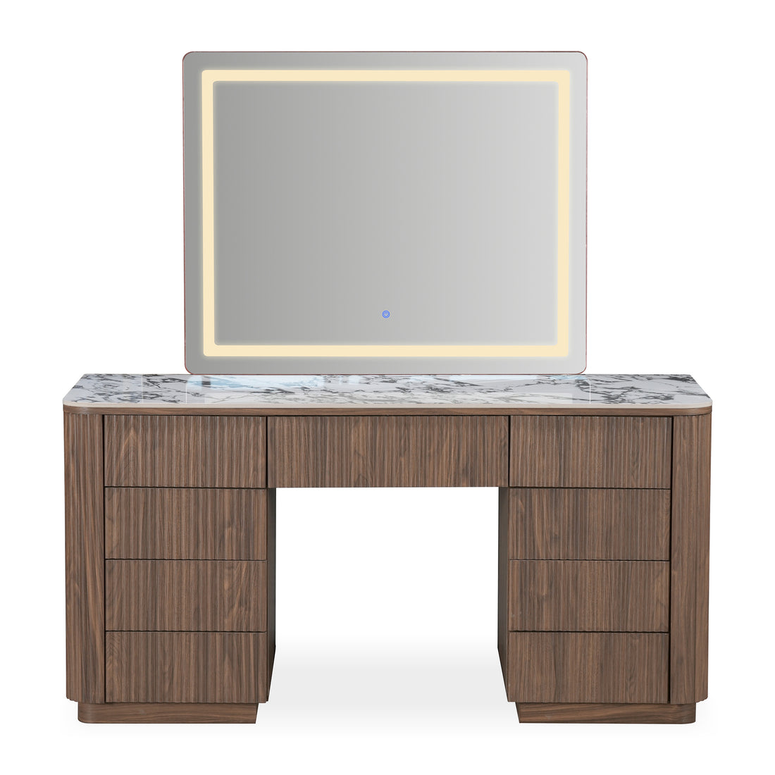 Modern vanity table with illuminated mirror on a white background