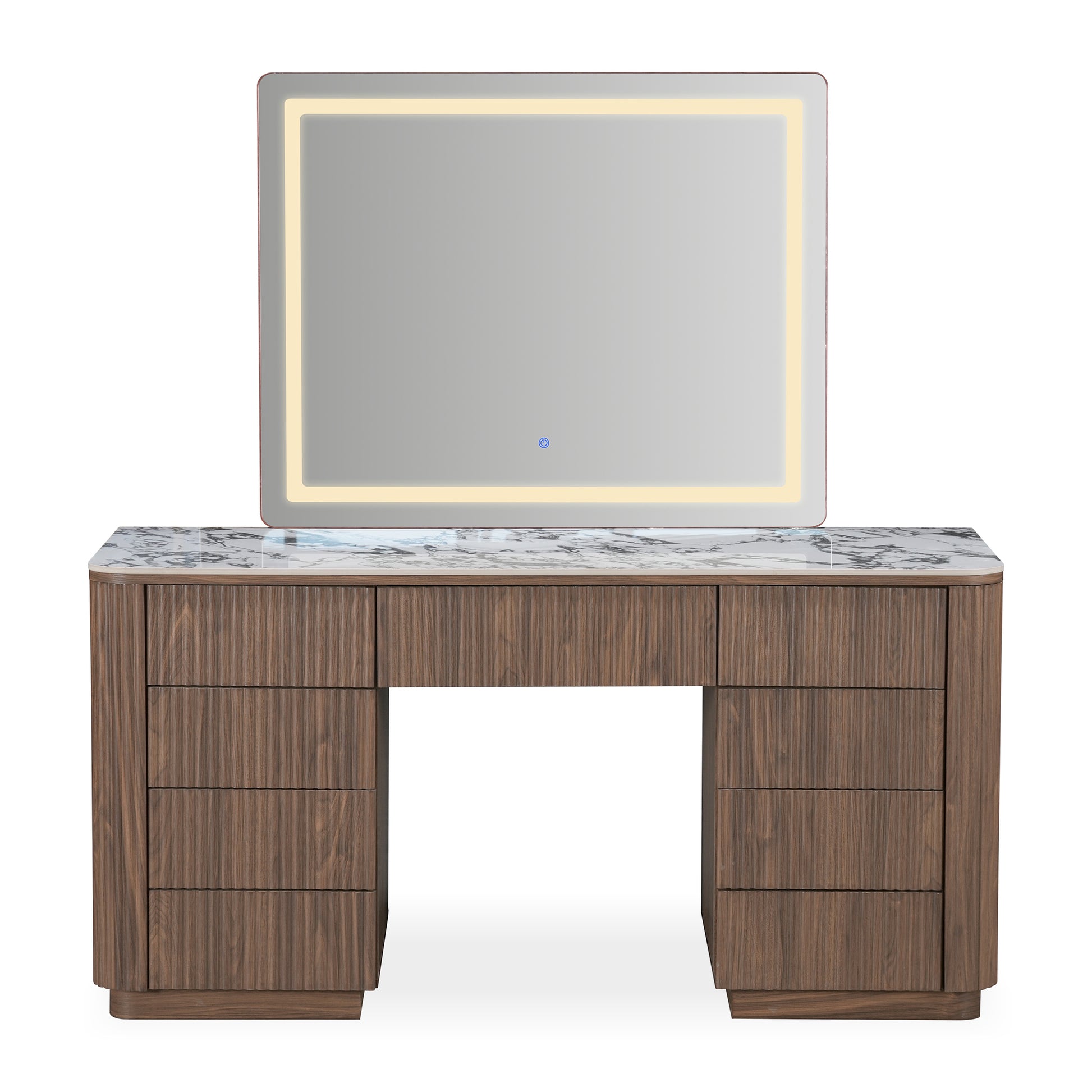 Modern vanity table with illuminated mirror on a white background