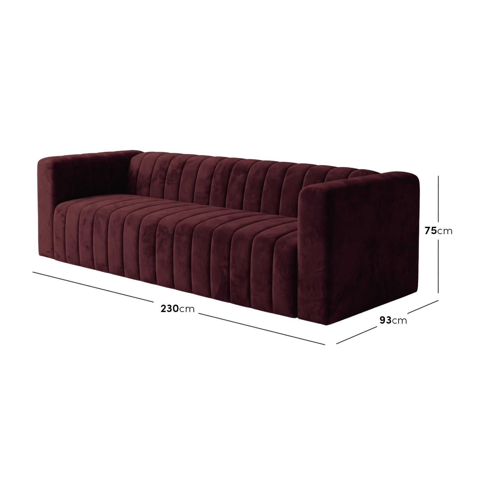 Dark Merlot sofa on white background with width, depth, and height measurements shown