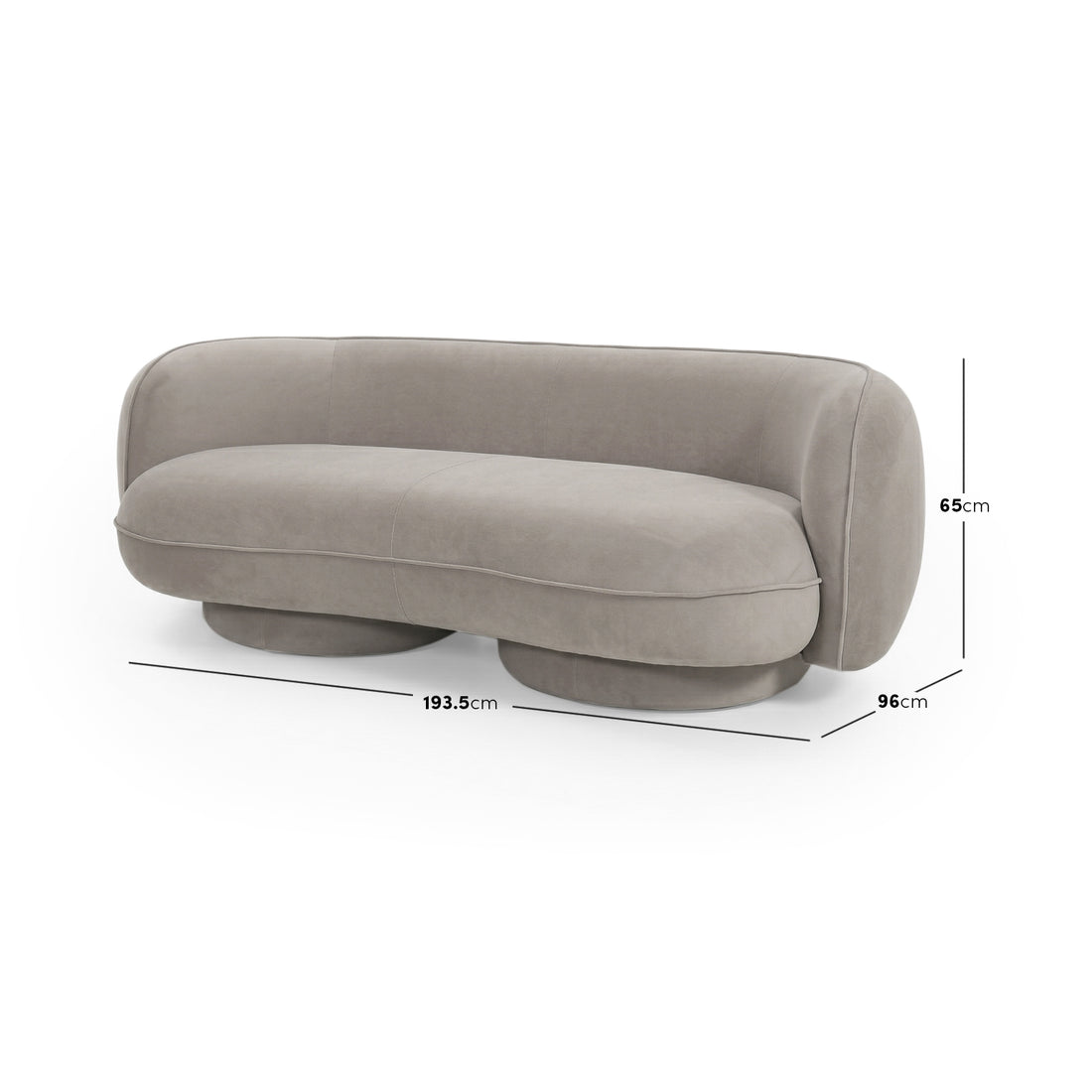 Sofa with dimension lines showing 193.5 cm length, 96 cm depth, 65 cm height