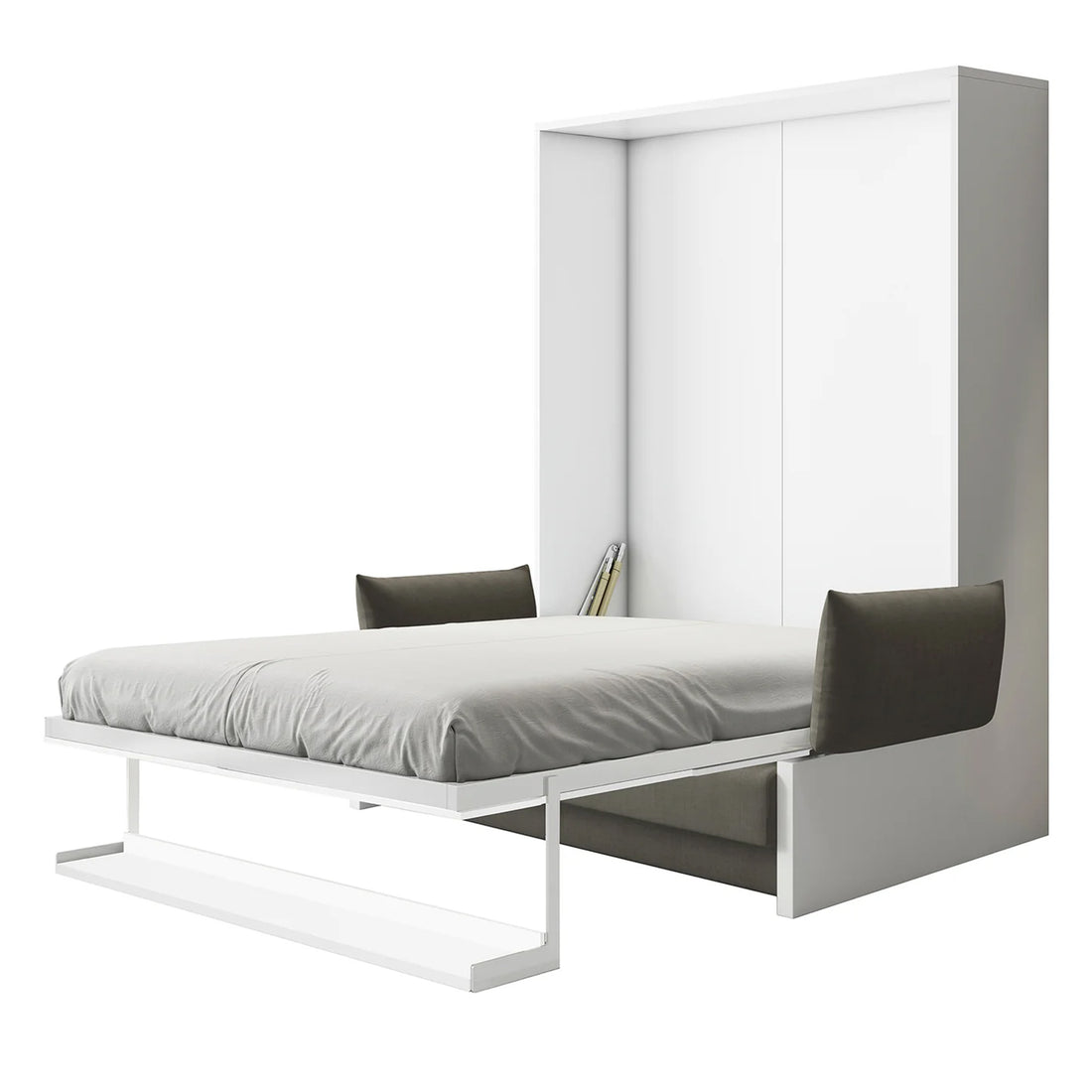 Byron Queen Murphy Bed with Mattress in White & Grey, shown open with a sleek metal frame, padded side cushions, and a white cabinet unit, exemplifying space-saving design and modern functionality.