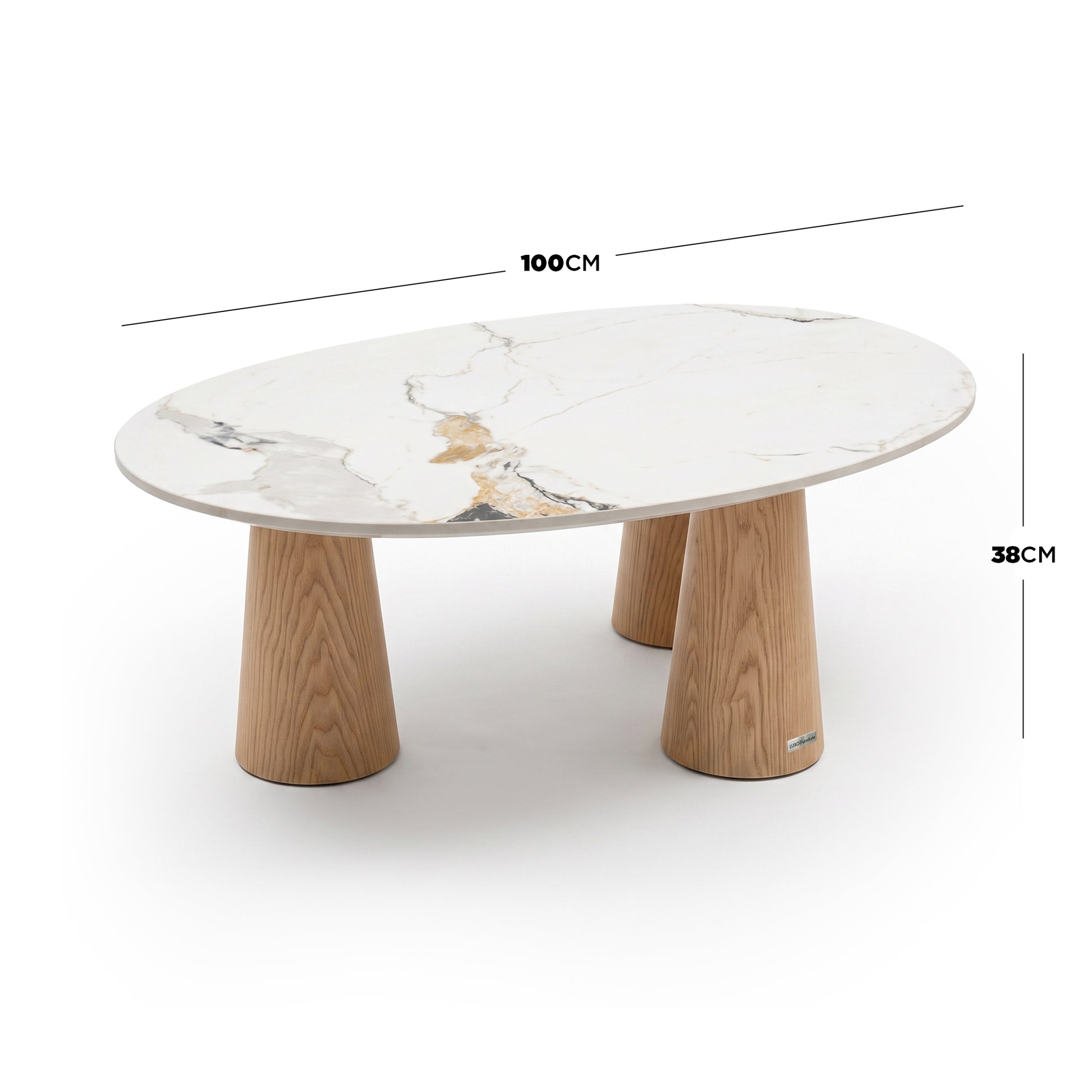 Oval marble-top coffee table with dimensions 100CM by 38CM on a white background