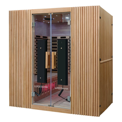Freestanding wooden infrared sauna cabin with glass front door on a white background