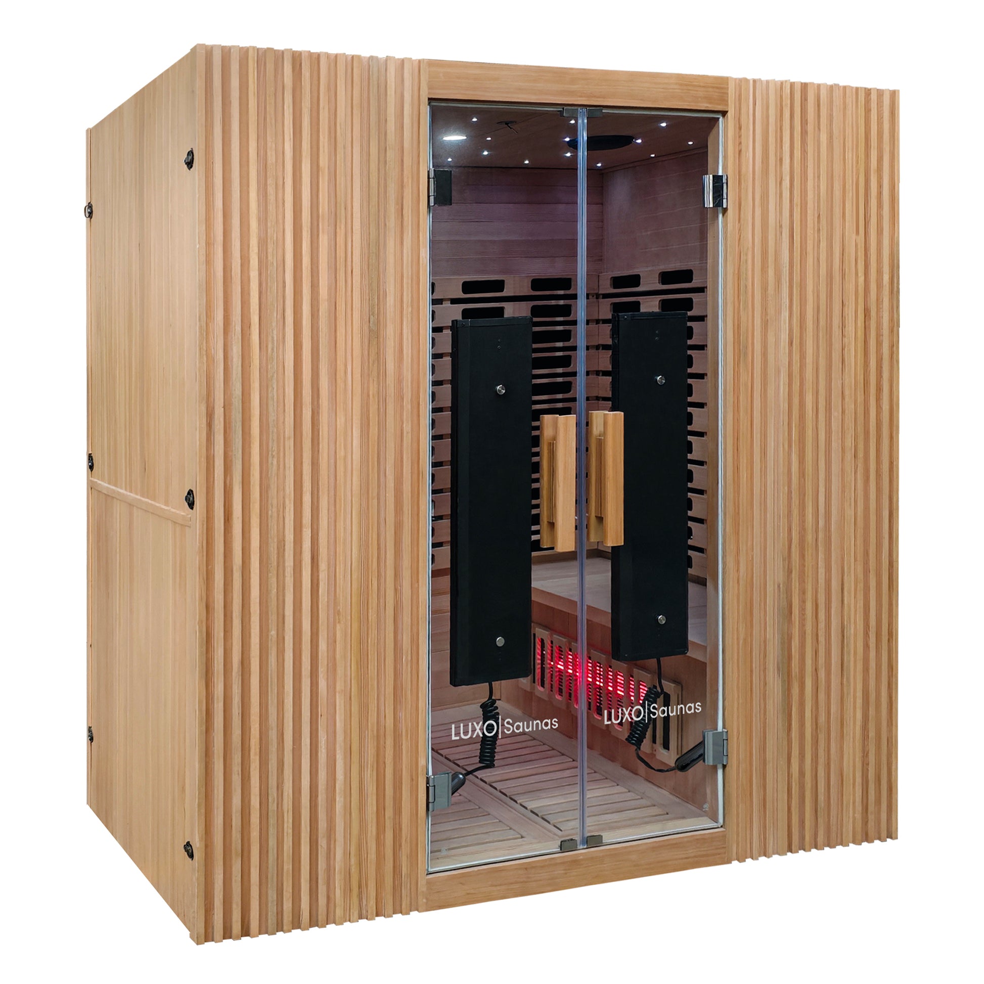 Full view of a wooden sauna cabin on a white background