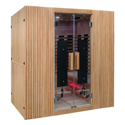 Full view of a wooden sauna cabin on a white background