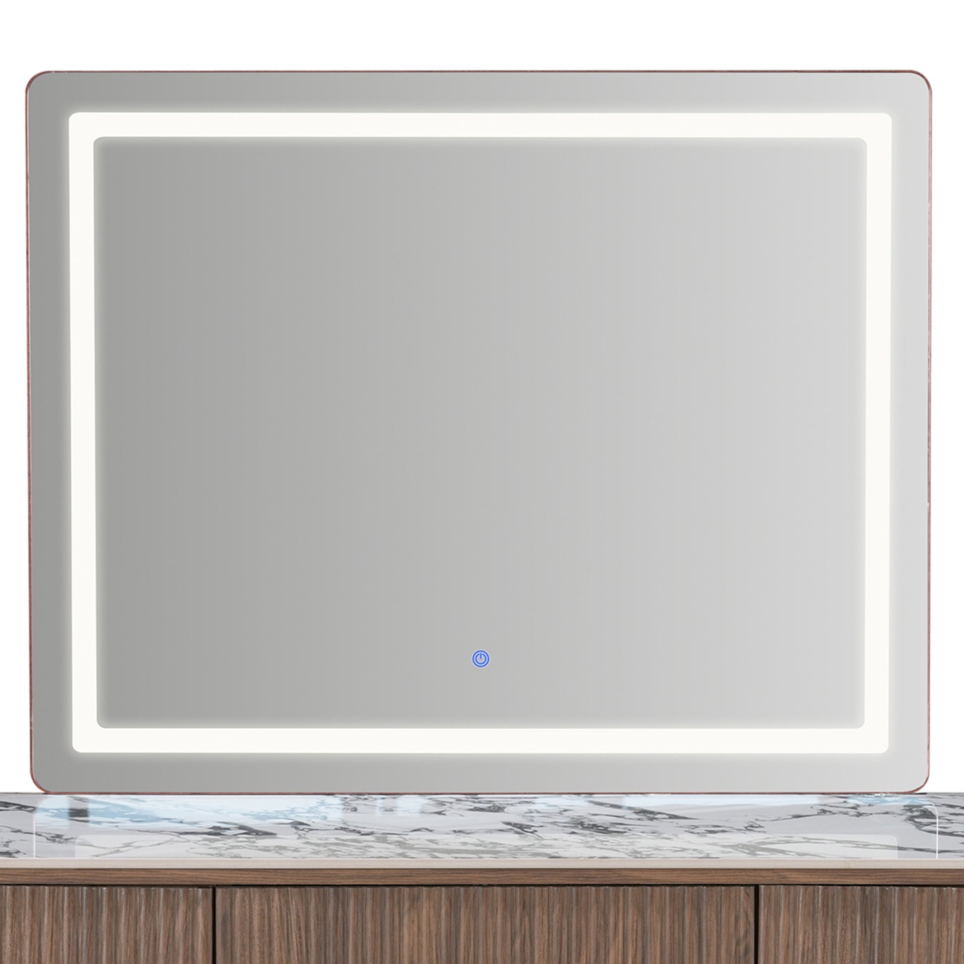 Wall-mounted LED mirror above a marble-top vanity