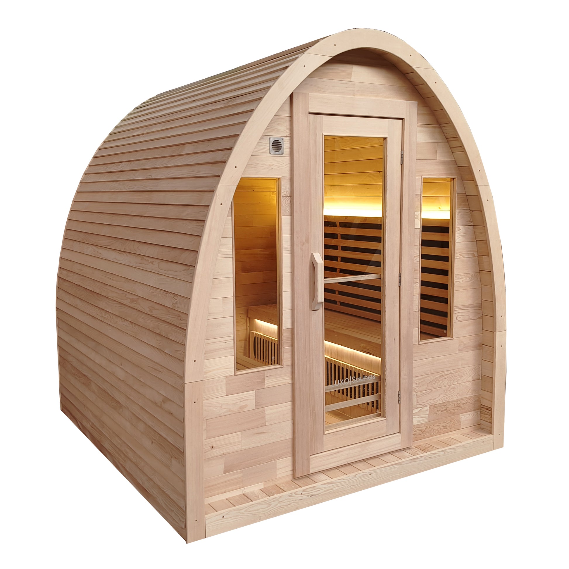 Angled front view of a freestanding wooden sauna on a white background