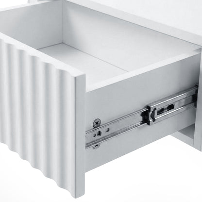 Close-up of textured drawer front and sliding mechanism